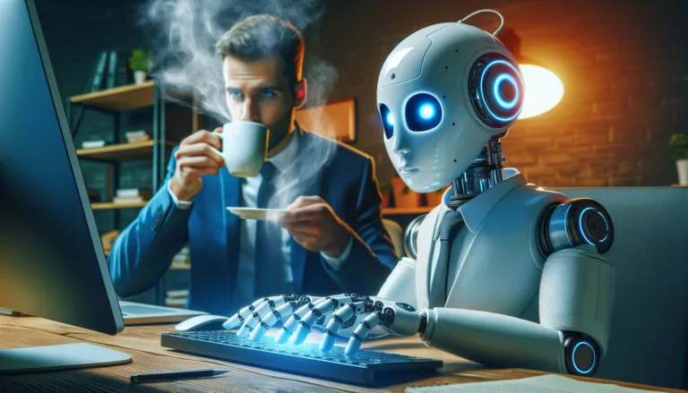 Nanonets AI document capture shown by bot typing onto keyboard while human boss watches on