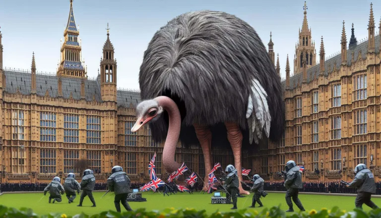 uk government ransomware strategy shown by giant ostrich outside house of commons
