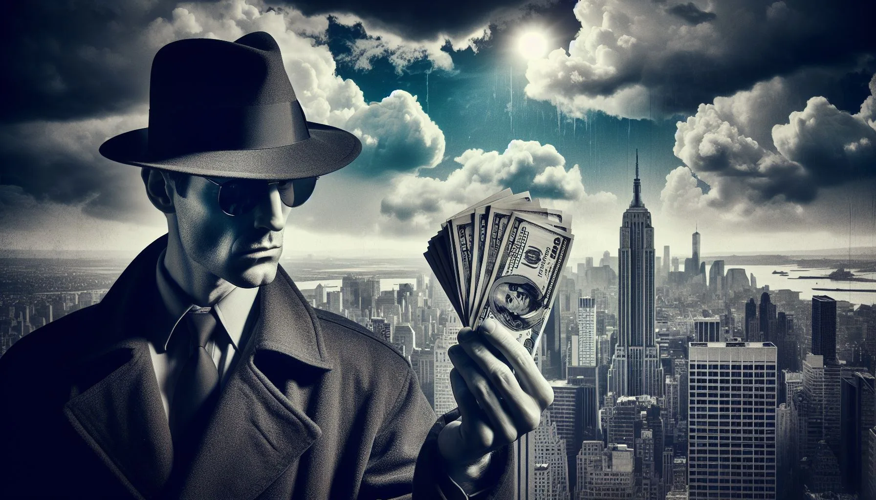 digital transformation cut costs shown by detective holding cash against cloudy background