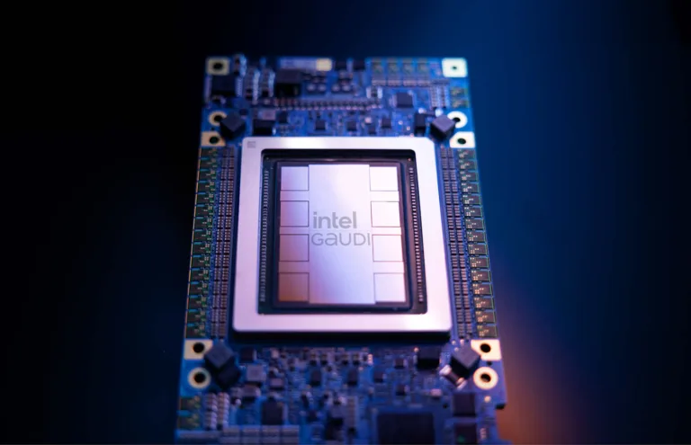 Intel Gaudi 3 AI accelerator against backdrop