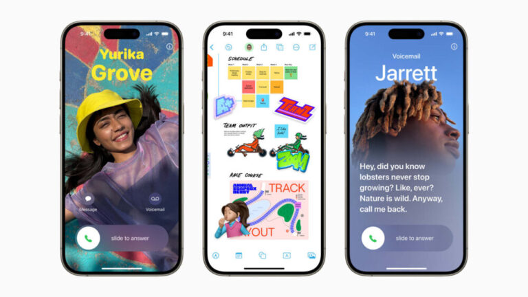 apple ai phone shown via three phones with iOS 17 on