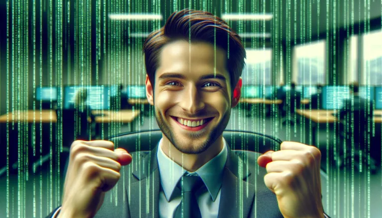 software developer satisfaction shown by happy looking developer with Matrix style background