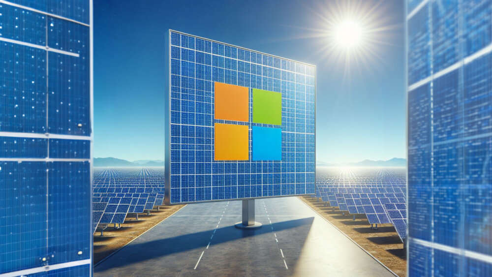 Microsoft renewable energy plan shown by monitor that looks like solar panels with Microsoft on it
