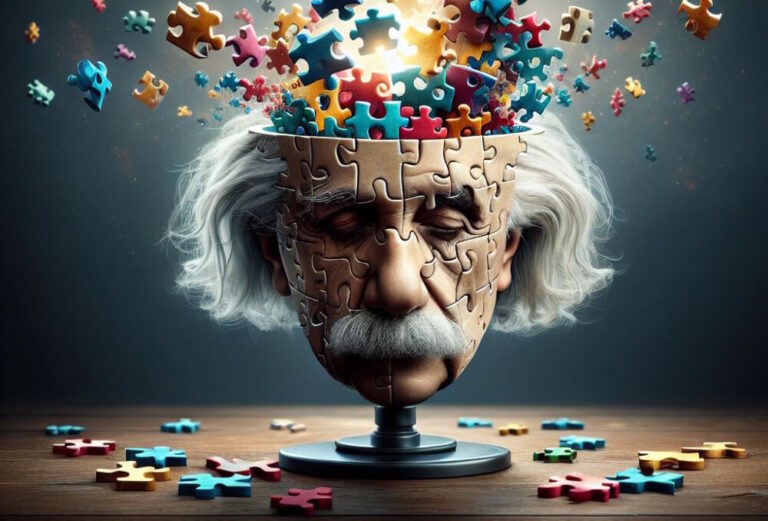 salesforce unified knowledge shown by albert einstein's head being formed from jigsaw pieces