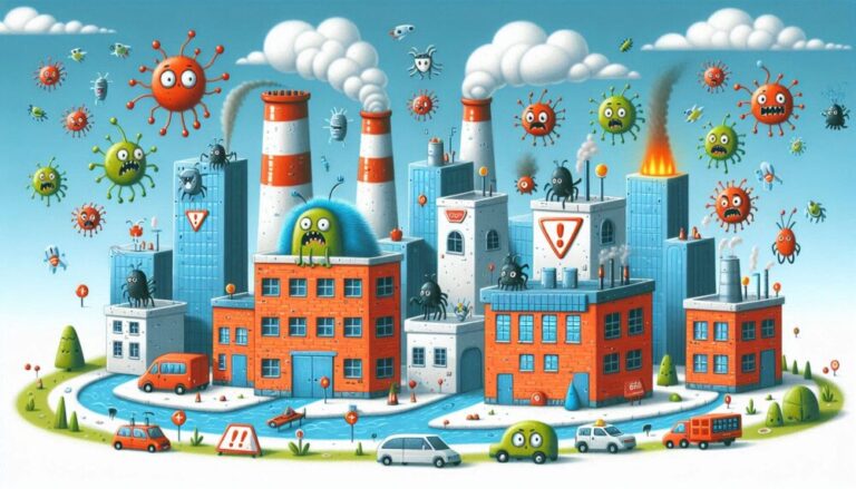 small business ransomware attacks shown by buildings and factories under attack