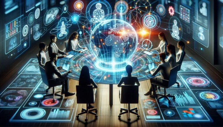 data collaboration shown by people sitting round futuristic table surrounded by data