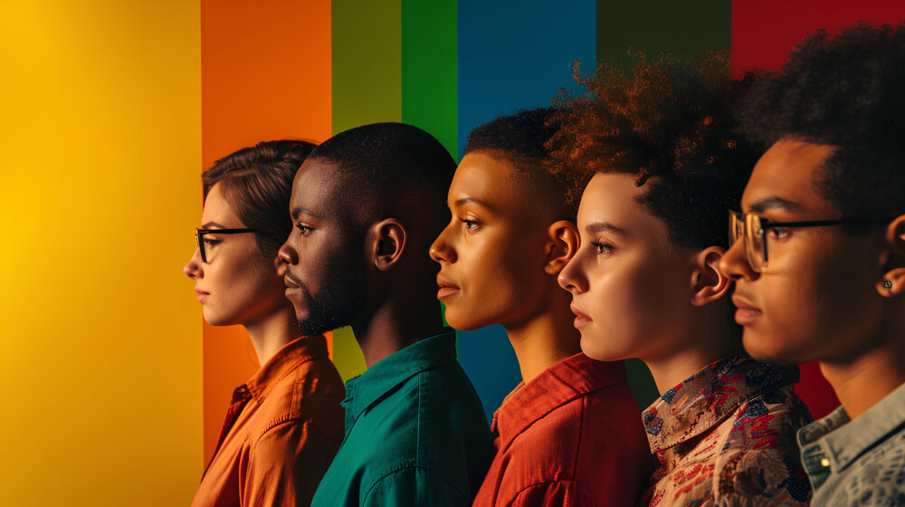 Diversity Equity and Inclusion efforts shown by ethnic and cultural people in profile against rainbow background