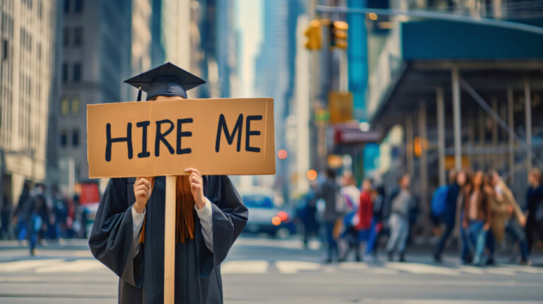 Gen Z graduate shown by female student wearing a graduation gown and a cap, young teenage girl standing on a city street and holding up a sign with text "HIRE ME."
