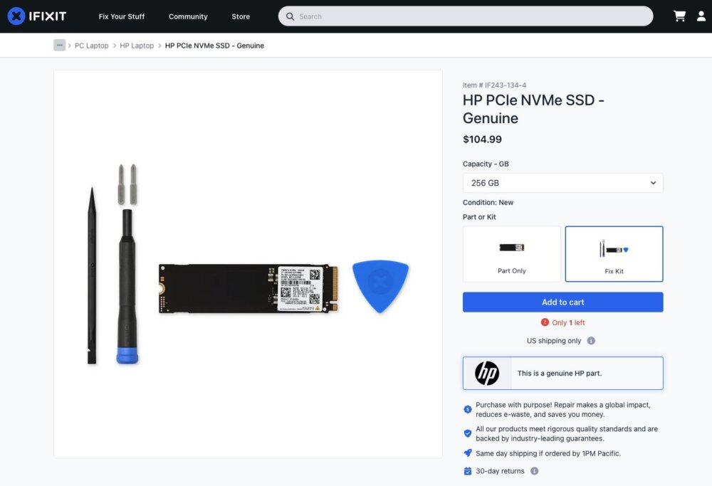 Screenshot of expensive HP SSD on iFixit