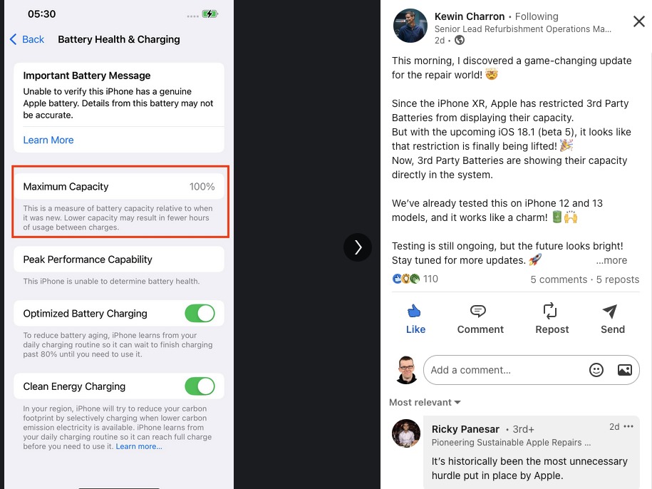Kewin Charron gives hope that iOS18 will support 3rd party batteries
