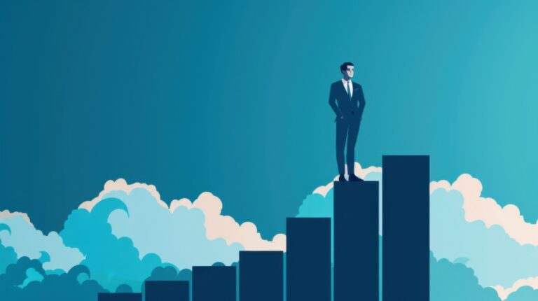 steps multi-cloud success shown by man standing on upwards graph on clouds