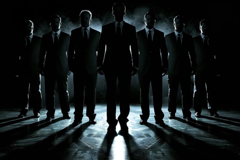 Ultimate beneficial ownership shown by A group of men wearing dark suits stand in a dimly lit room with their shadows cast long on the ground