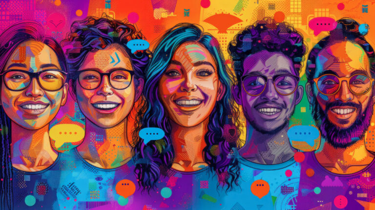 Importance language in inclusivity shown by mix of people in conversation