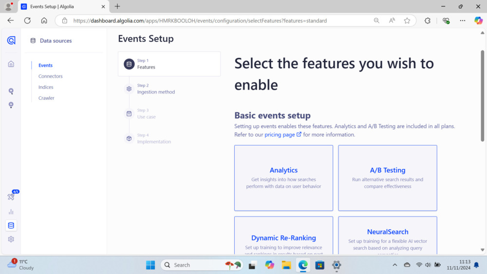 Events setup in Algolia dashboard