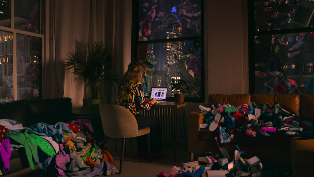 Still image from Buy Now The Shopping Conspiracy, image of online shopper surrounded by waste.