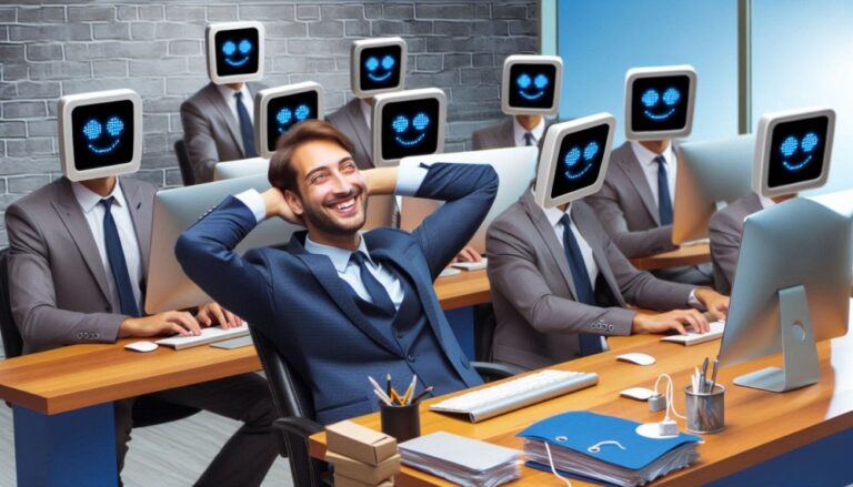 digital labour shown by man relaxing as digital workers do his job