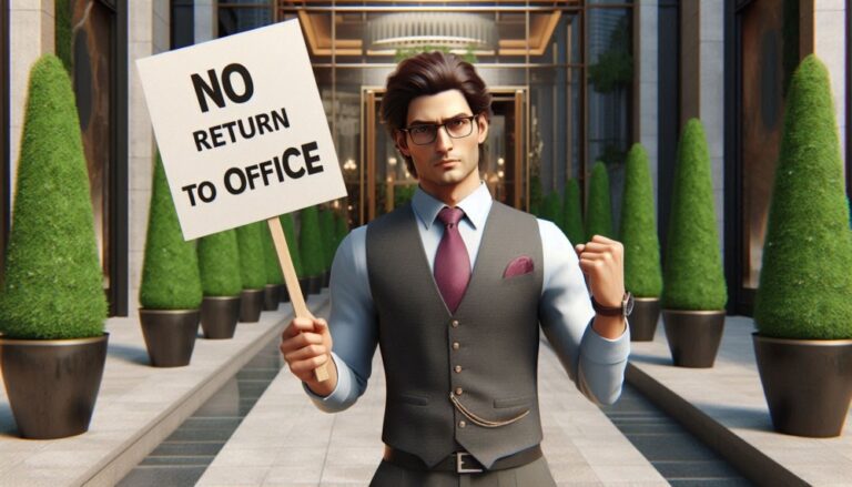 CEOs return to office mandate shown by striking office worker holding placard