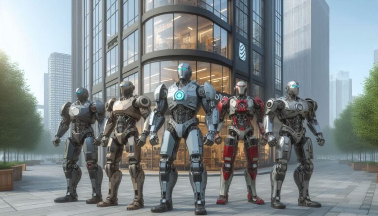AI Security shown by Five robots wearing armour standing outside a business