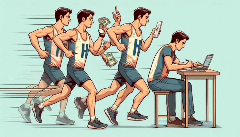 Runner H reparented by athletes wearing H doing multiple tasks