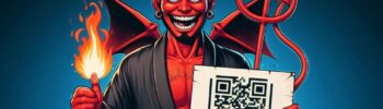 qr code attacks shown by devil holding a QR code poster