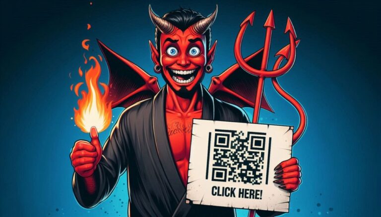 qr code attacks shown by devil holding a QR code poster