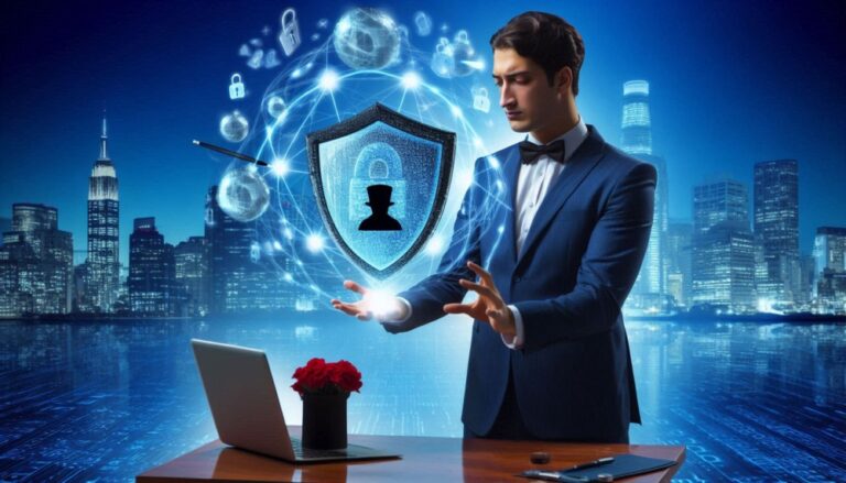 Cybersecurity illusion shown by IT magician conjuring up security shields
