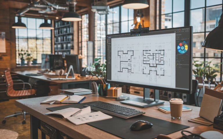 Monitor AI design - illustrated by large monitor in modern architect's office