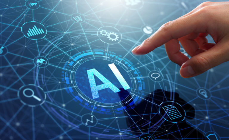 AI network management represented by IT admin touching AI icon on application network system.