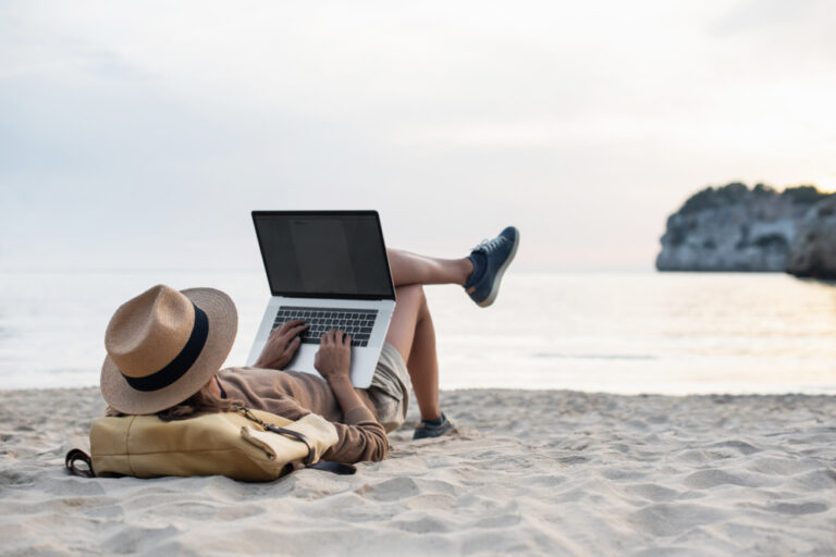 Cisco wireless connectivity shown by man working on beach
