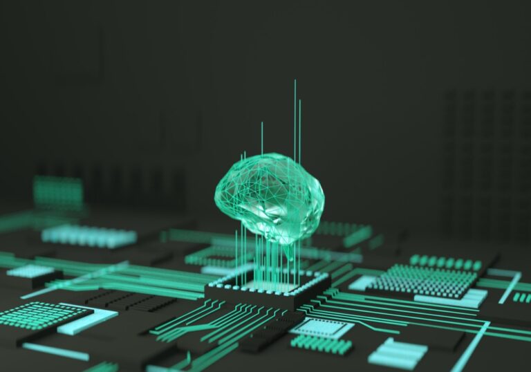 Small language models 2025 (SLM) shown by virtual brain above processor in abstract space