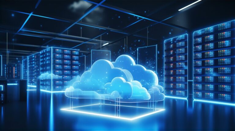 Disaster recovery hybrid cloud shown by abstract graphic of cloud in a data centre