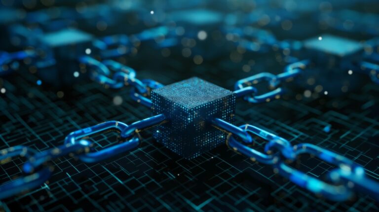 Decentralised networks Web3 concept shown by blockchain technology with central cube connected to others by digital chains