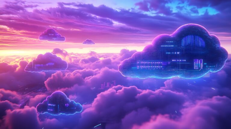 Hybrid cloud vs multicloud: digital clouds representing cloud infrastructure and data storage in a futuristic landscape.