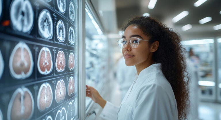 2025 healthcare digital transformation shown by female researcher examining brain imaging results