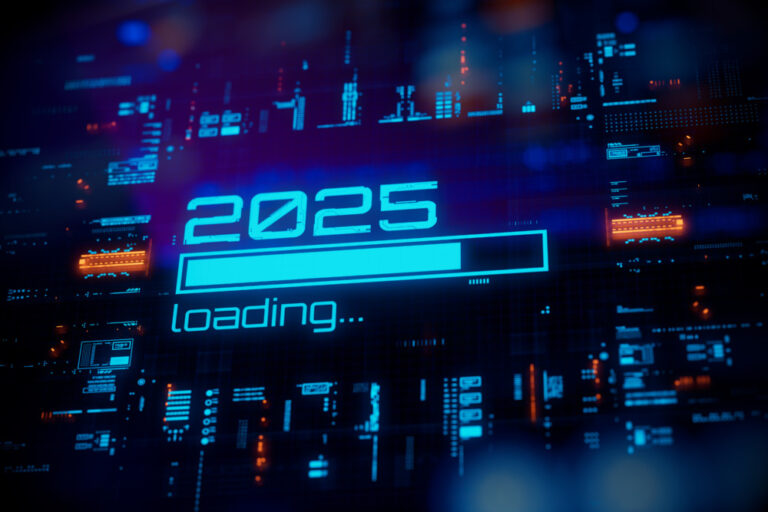 business tech predictions 2025 shown by New 2025 year progress bar on digital lcd display with reflection.