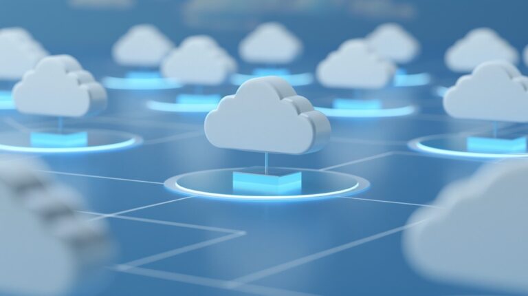 choosing cloud storage provider represented by multiple clouds connected in a digital network on a blue background.