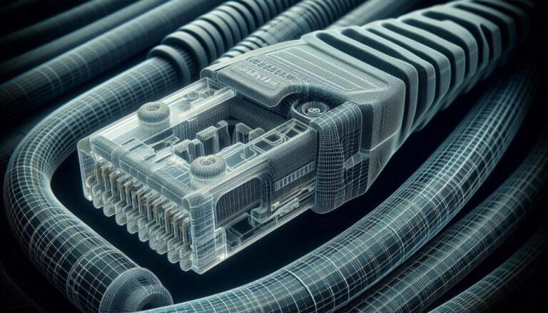 Software-Defined Networking Benefits shown as Close-up of the end of an Ethernet cable but in wireframe style