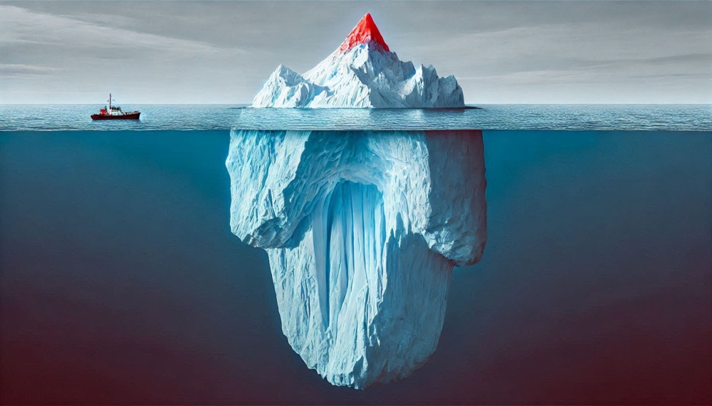 Iceberg with red tip to show hot storage (above water) and cold storage below