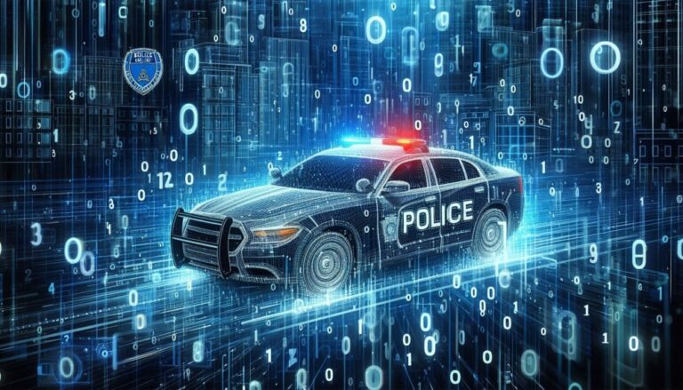 Data fight financial crime shown by digital police car abstract image