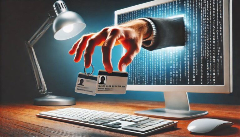 AI credential attacks shown by hand reaching through screen to grab IDs