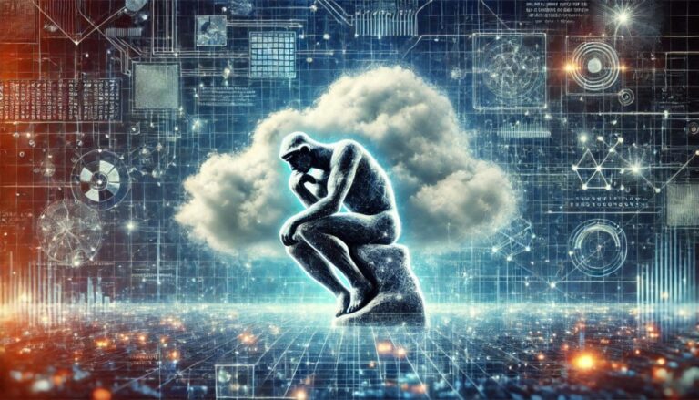 Hybrid cloud strategies shown by abstract data background with cloud and Rodin's thinker in the foreground