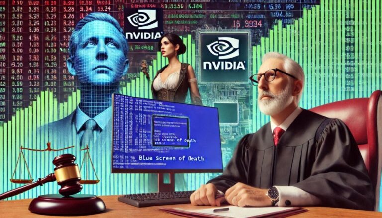 business tech 2024 showing through composite image with nvidia stocks in the background and judge in the foreground