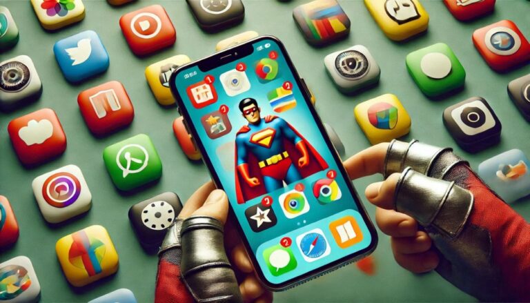 super app market shown by phone with super hero in the middle