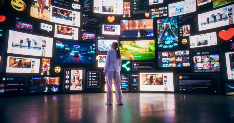 personalized OTT experiences shown through Backview Of Caucasian Woman Connecting to Animated Stream Of Content. Visualization Of Browsing Metaverse Big Data with Viral Videos, Social Media Profiles with Influencers, and Internet Communities.
