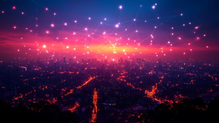 IoT devices DDoS botnets shown by ominous cityscape with interconnected dots showing network of IoT devices