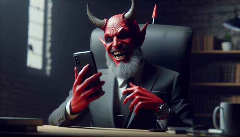 hacking Devil-traff shown by smiling devil holding smartphone