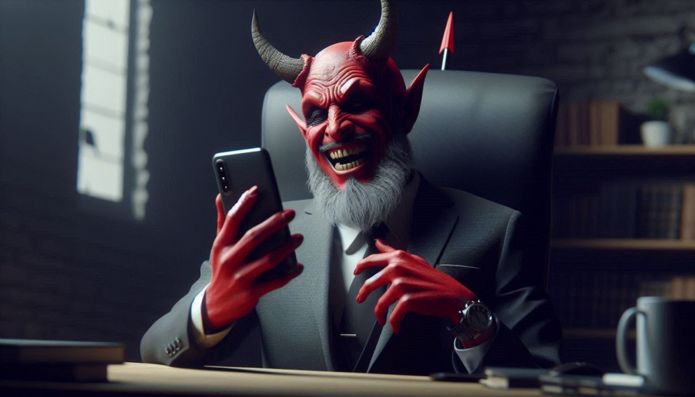 hacking Devil-traff shown by smiling devil holding smartphone