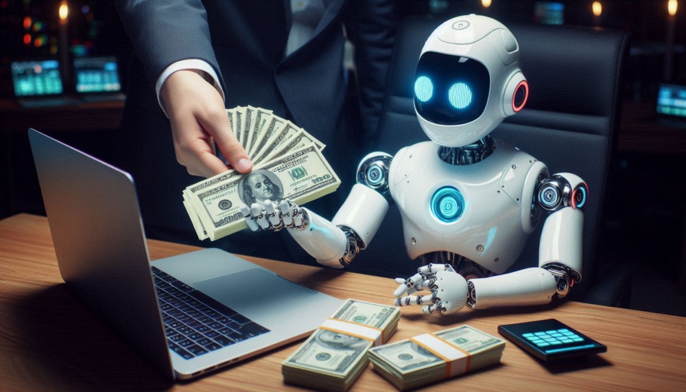 AI Agents scams shown by AI robot sitting at a desk handing a pile of cash to a human hand.