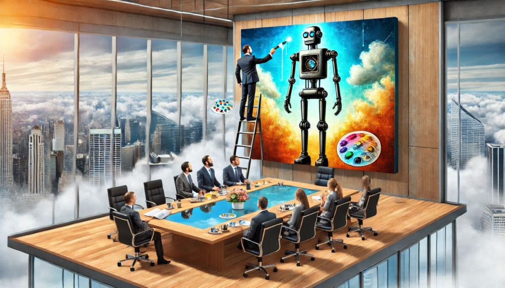 2025 business tech trends shown through boardroom scene with clouds and a GenAI robot