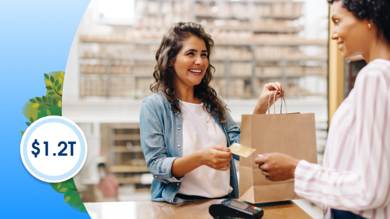 AI Christmas sales shown by women handing credit over to sales person